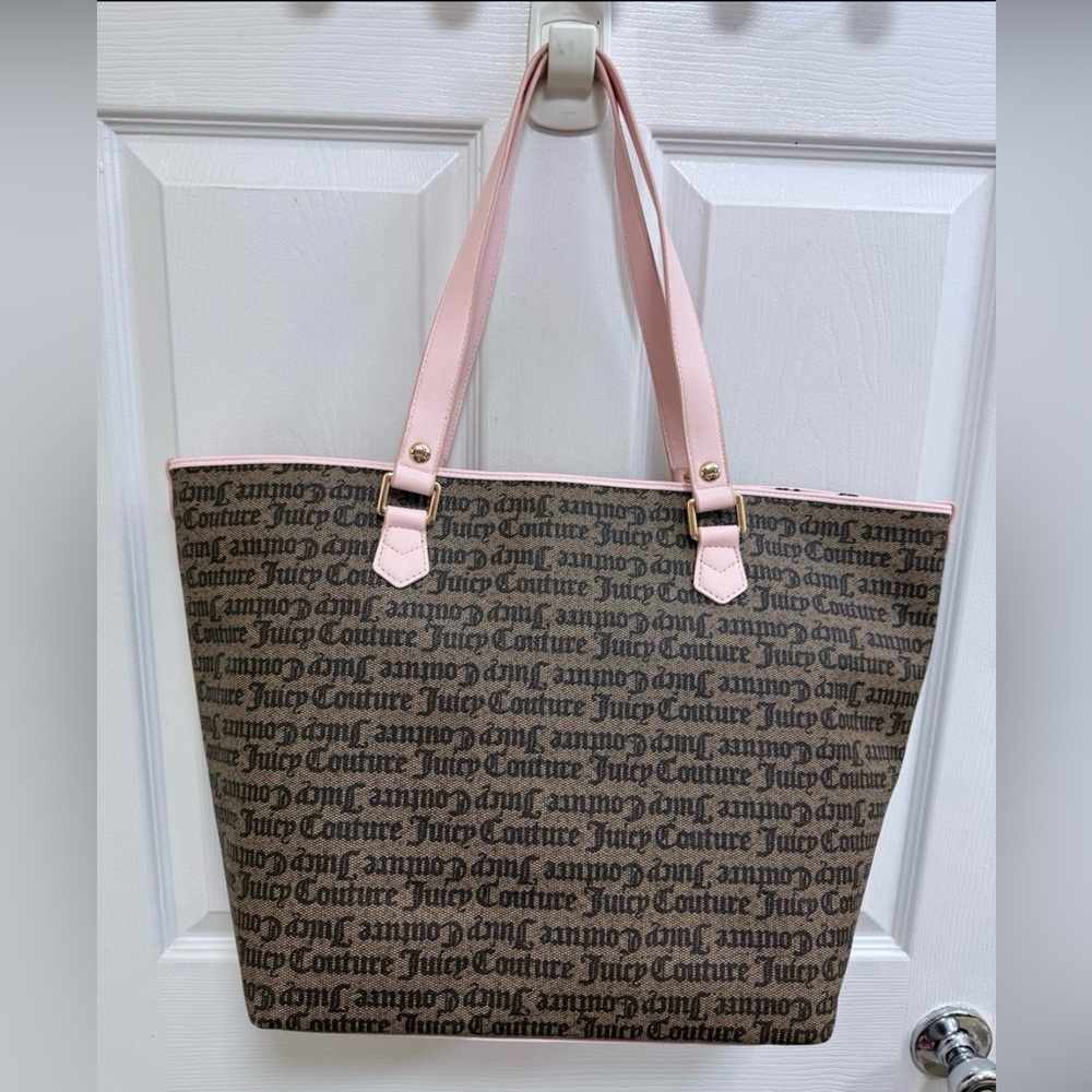 NWT Juicy Couture Juicy Run the World Tote in Taupe/Dk Brown w/ Pink Trim - Picture 6 of 7